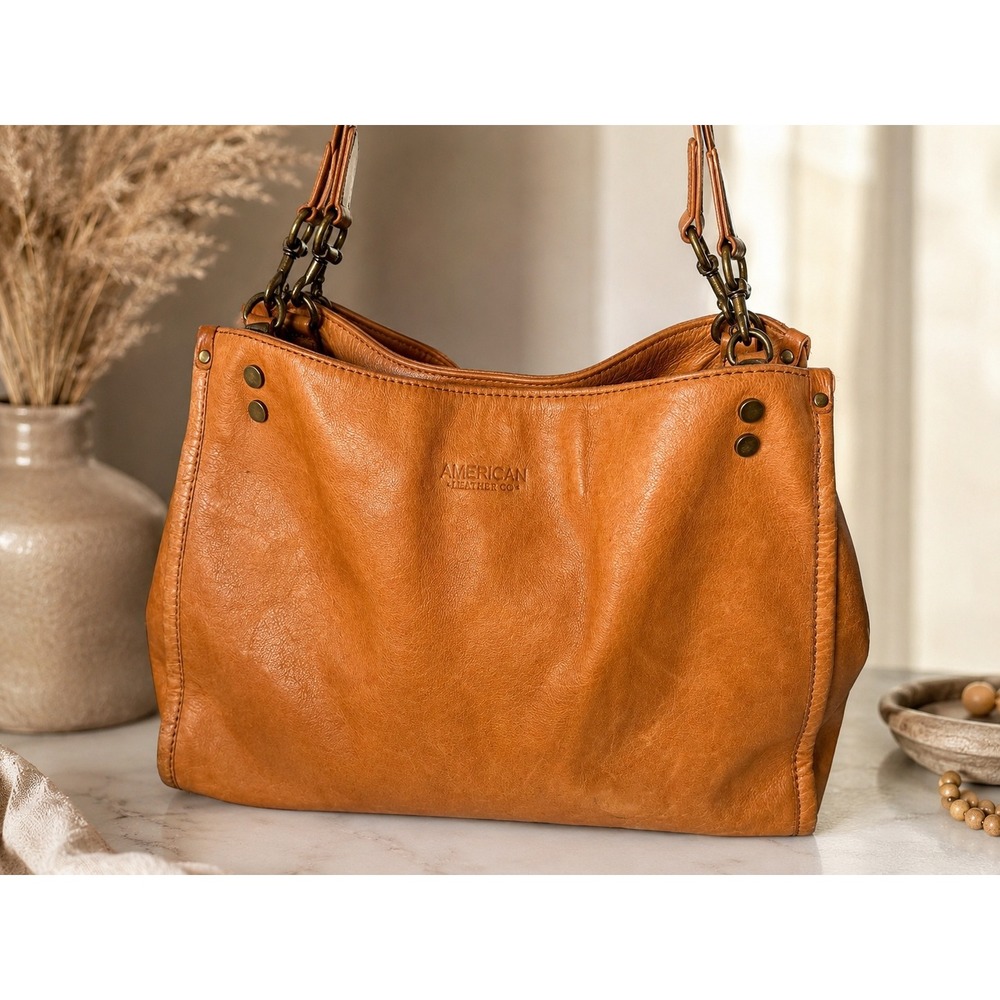 American Leather Co Lenox Triple Entry Tan Cognac Leather Satchel Shoulder Bag